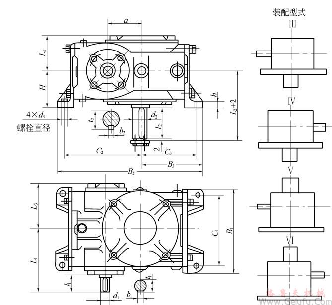 KWS32、KWS40、KWS50、KWS63、KWS80、KWS100、型锥面包络圆柱蜗杆减速机的外形安装尺寸和装配型式Ⅲ—ⅥJB/T 5559－91